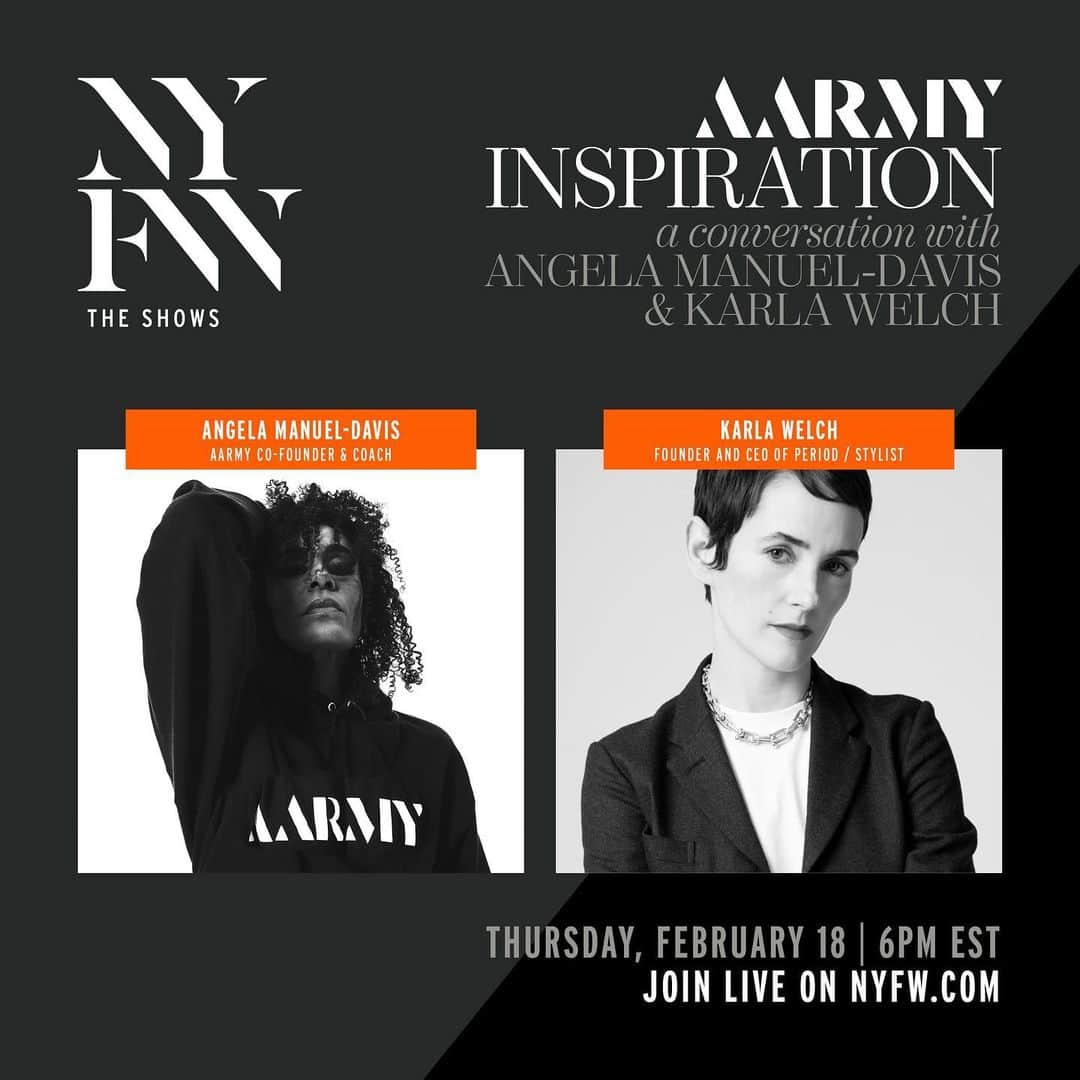 Fashion Weekのインスタグラム：「As the #NYFW season comes to a close, join @AARMY co-founder @AngelaManuelDavis as she leads a mental health conditioning session that will help you reach your full potential, with the founder of Period, @TheWallGroup’s @KarlaWelchStylist. Tune in LIVE at 6pm EST on nyfw.com」