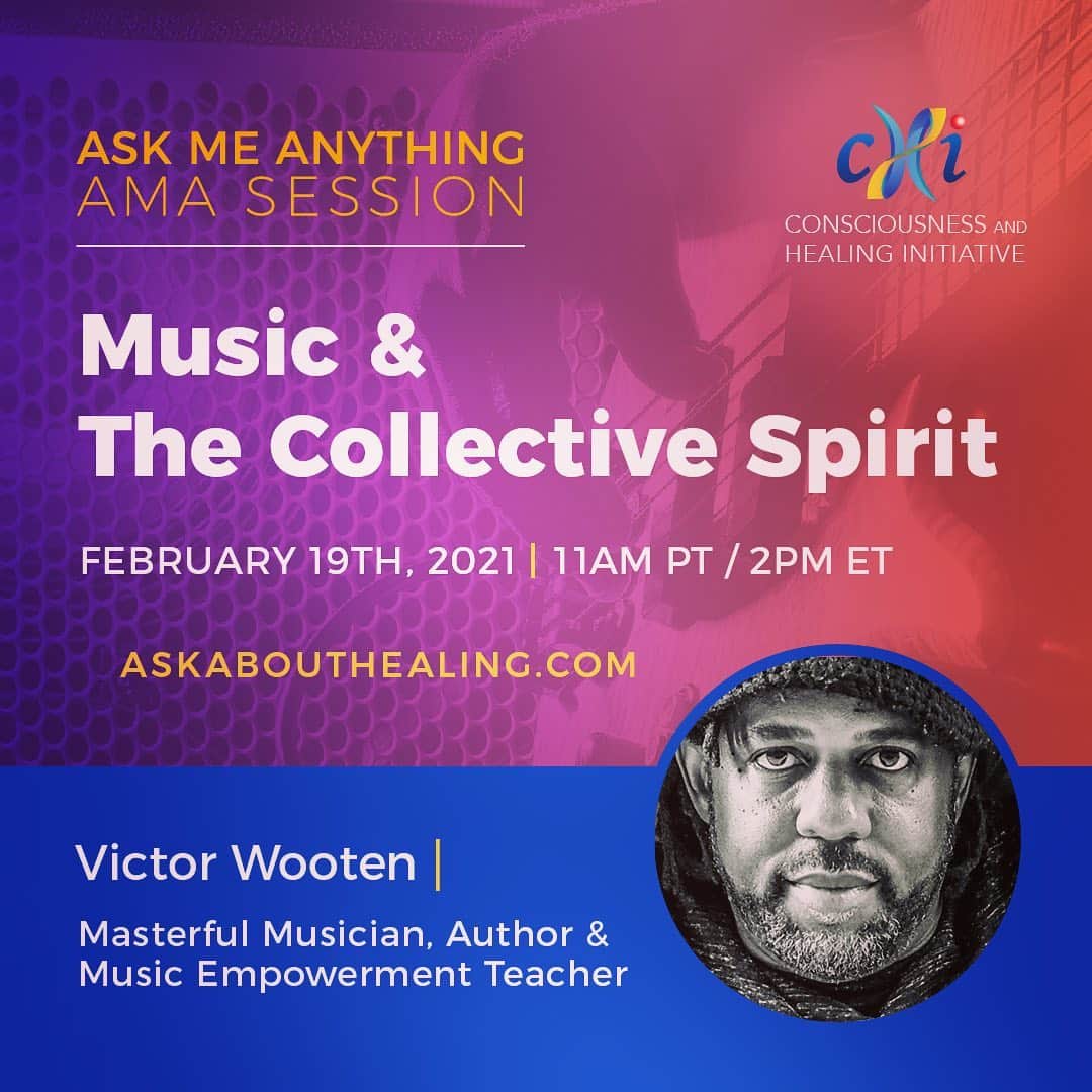 ヴィクター・ウッテンのインスタグラム：「Happening Friday.  Please Join Me.   Explore Music & The Collective Spirit - FREE “Ask Me Anything” session, Friday, February 19, 2pm ET/11am PT with Victor Wooten, author of The Spirit of Music.   Do you have questions for Victor on the role music plays in connecting and empowering society’s collective spirit? Join host Dr. Shamini Jain and Victor Wooten as we dive into music as a sacred science, melding ancient wisdom with vibrational healing that permeates all of our life experiences.   Register Here - https://www.chi.is/wooten-ama-registration/」