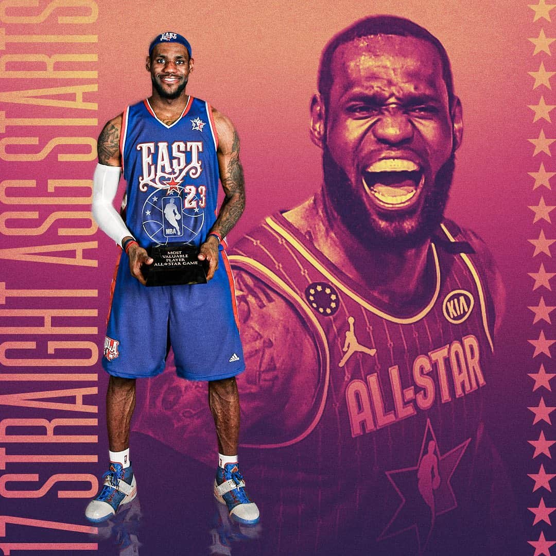 espnのインスタグラム：「LeBron is the first player in NBA history to start 1️⃣7️⃣-straight All-Star Games 👑」