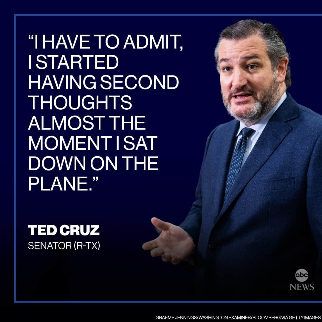 のインスタグラム：「"It was obviously a mistake. In hindsight, I wouldn't have done it."⁠ ⁠ Sen. Ted Cruz returned to Texas a day after flying to Mexico with his family as his state reels from a historic storm that has left hundreds of thousands of people without power. MORE AT LINK IN BIO.」