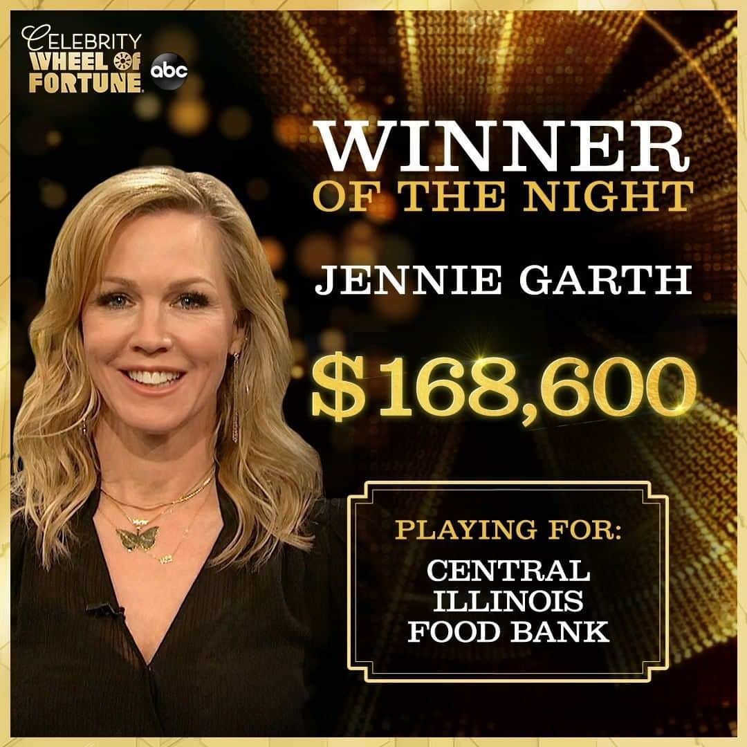 アメリカン・ブロードキャスティング・カンパニーのインスタグラム：「Well played! 🙌 Congratulations to @jenniegarth on her big #CelebrityWheelOfFortune win for @centralilfoodbank!」