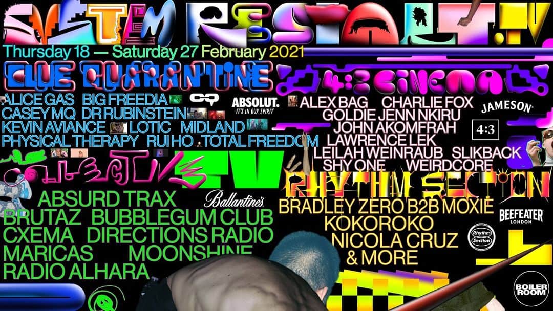 Block.fmのインスタグラム：「Boiler Roomが10日間のデジタルフェス「SYSTEMRESTART.TV」を無料配信❣️⁠ ⁠ 2月18日から27日にかけてクラブとサブカルチャーをサポートするデジタルフェスティバルが開催される。⁠ ⁠ イベントでは、コロナ禍を機に立ち上がったZoomを利用したオンライン参加型パーティー「Club Quarantine @clubquarantine 」が2日間に渡り開催されるほか、Boiler Roomの映画プラットフォーム「4:3」が、映画の上映、トークセッション、プレゼンテーションなどのプログラムを提供。そちらにはAphex Twinのビジュアルコラボレーターとして知られるWeirdcoreやドラムンベースシーンのレジェンド、Goldie、UKの若手プロデューサー/DJのShy Oneらがラインナップされている。⁠ ⁠ 続きはlink in bio」