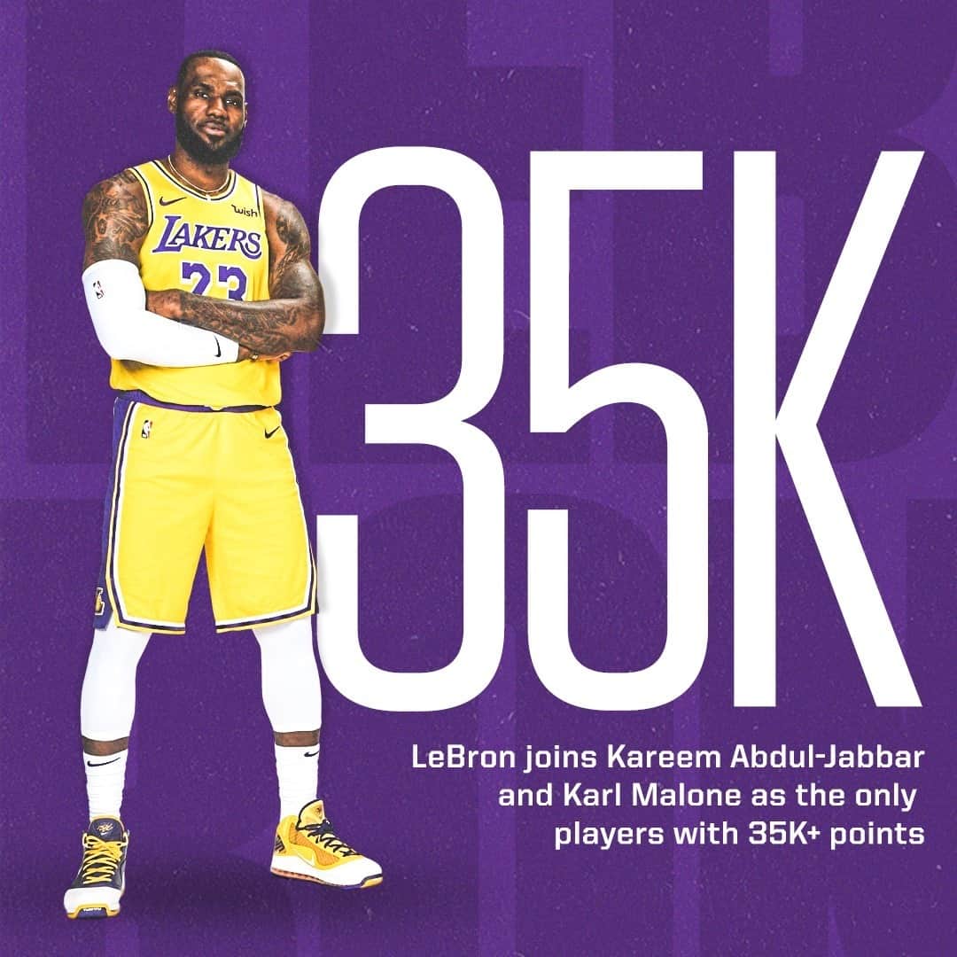 espnのインスタグラム：「Another milestone for @kingjames 👑 LeBron becomes the third player in NBA history to eclipse 35K career points!」