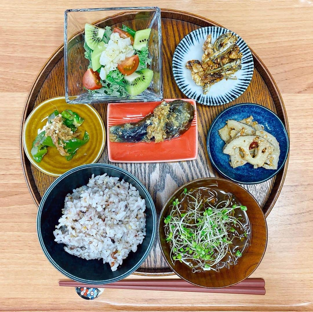 酒井瞳さんのインスタグラム写真 - (酒井瞳Instagram)「小鉢定食🍚✨  ⭐️メニュー⭐️  ・なすとピーマンの煮浸し ・きんぴらレンコン ・キウイとケールサラダ ・くるみ田作り ・お味噌汁 ・十六穀米  新発見は新玉ねぎをドレッシングにしてキウイとケールサラダが美味しかったな💕🥗 あとはおやつ様で作ったくるみ田作り美味しすぎて止まらない🤣‼️‼️笑 カルシウムたっぷり🤤✊ 相変わらず茶色いおかずが多い😂‼️笑  プランクチャレンジで絶賛筋肉痛だぁ🤣🤣‼️ でも楽しかったから今日もチャレンジしてみた🙌❤️(元気ありすぎ笑) また動画アップしますね🤣🤣 たくさん動いてたくさん食べる今日も健康😁⭐️笑  #お家ごはん #ヘルシー #腸活 #免疫力アップ #健康 #健康オタク #献立 #腸内環境 #常備菜 #cooking #料理 #作り置き #いただきます #ごちそうさまでした #幸せ #食べるの大好き #一人前食堂 #健康食堂 #定食 #ランチ #lunch #おうちごはん」2月19日 14時11分 - s.sakaihitomi