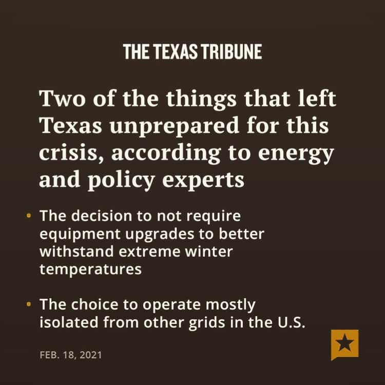 アリミ・バラードのインスタグラム：「#Repost w/ @texas_tribune • Millions of Texans have gone days without power or heat in subfreezing temperatures brought on by snow and ice storms. Limited regulations on companies that generate power and a history of isolating Texas from federal oversight help explain the crisis, energy and policy experts told The Texas Tribune.  While Texas Republicans were quick to pounce on renewable energy and to blame frozen wind turbines, the natural gas, nuclear and coal plants that provide most of the state’s energy also struggled to operate during the storm. Officials with the Electric Reliability Council of Texas, the energy grid operator for most of the state, said that the state’s power system was simply no match for the deep freeze.  In 2011, Texas faced a very similar storm that froze natural gas wells and affected coal plants and wind turbines, leading to power outages across the state. A decade later, Texas power generators have still not made all the investments necessary to prevent plants from tripping offline during extreme cold, experts say.  Policy observers blame the power system failure on the legislators and state agencies who they say did not properly heed the warnings of previous storms or account for more extreme weather events warned of by climate scientists. Instead, Texas prioritized the free market. Read more by tapping the link in our bio.」