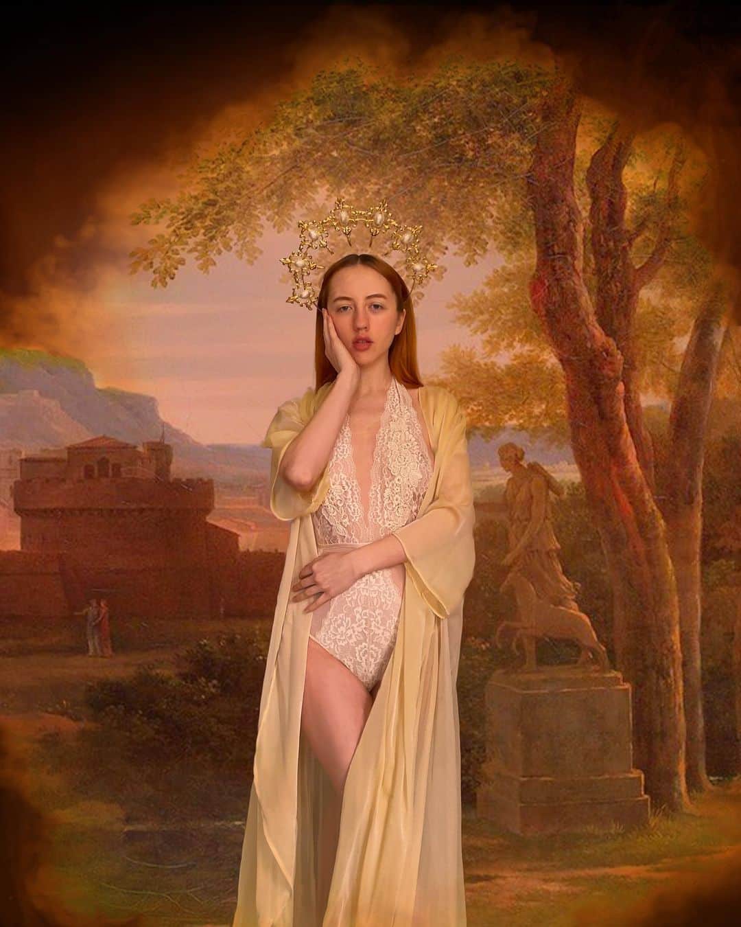 ベッキー・クルーエルのインスタグラム：「divine righteous 👑⁣ hand sewn robe 🪡⁣ 2hrs edit 👁⁣ ⁣ #arthistory #ancientgreece #renaissanceart #renaissancepainting #renaissancechallenge #photomanip #18thcentury #17thcentury #16thcentury #romanticstyle #catherinedlish #dlish #virginmary #sacredheart #heavenlybodies #met2018 #catholicart #oldmasters」