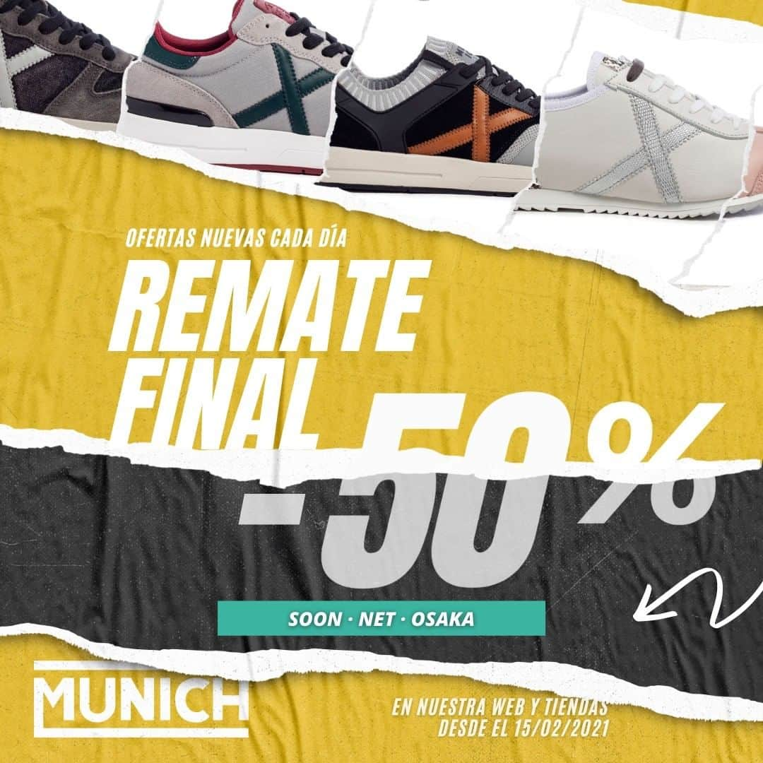 ミュニックのインスタグラム：「REBAJAS MUNICH 🔥 Descuentos brutales para SOON, NET y OSAKA al -50% ¡Consíguelos! 🛒 En nuestra web oficial www.munichsports.com y tiendas MUNICH.  #MunichSports #Rebajas #tiendasMUNICH #moda #deporte #zapatillasMunich #kids #accesorios」