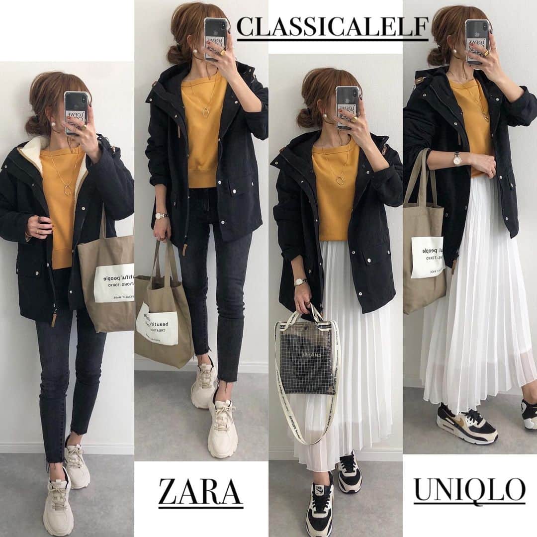 Miyoのインスタグラム：「【classicalelf×UNIQLO】﻿ ﻿ ﻿ ﻿ @classicalelf_official のロングシーズン使える﻿ 3wayボアマウンテンパーカー♡﻿ ﻿ ボアライナーは取り外し&単体使い可能です👌🏻﻿ 冬はボア付きであったか♡﻿ 春・秋はボアを取り外して薄手のパーカー﻿ として着れてとても便利です🥰﻿ 今40%offに…🙌🏻✨ ﻿ スワイプ▷▷▷﻿ ﻿ ﻿ ﻿ ボアマウンテンパーカー…#classicalelf#クラシカルエルフ﻿ スウェットクルーネックシャツ…#UNIQLOU#ユニクロユー﻿ ウルトラストレッチジーンズ(ダメージ)…#UNIQLO#ユニクロ﻿ プリーツスカート…#楽天﻿ バッグ…#beautifulpeople﻿ スニーカー…#ZARA#ザラ#NIKE#エアマックス90﻿ ネックレス…blogに載せてます﻿ ピアス…楽天roomに載せてます﻿ ﻿ ﻿ ﻿ ﻿ #エルフコーデ#スプリングコート#ボアコート #マウンテンパーカー#スニーカーコーデ#ザラコーデ#ザラジョ#ザラジョコーデ#ユニクロコーデ#着回しコーデ#ママコーデ#ママファッション#プチプラコーデ#プチプラファッション#シンプルコーデ#カジュアルコーデ#大人カジュアル#locari﻿ ﻿ ﻿ ﻿ ﻿ ﻿ ﻿ ﻿ ﻿ ﻿」