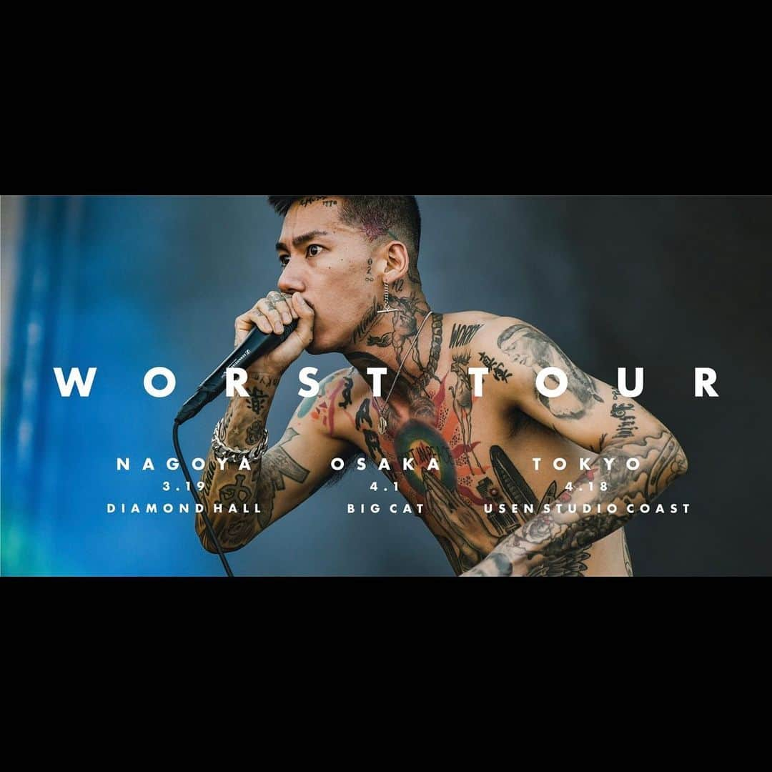 KOHHのインスタグラム：「【チケット一般発売のお知らせ】  明日2/20（土）AM10時より、KOHH 『WORST TOUR』のチケット一般販売を開始いたします。 . ■公演情報 KOHH  WORST TOUR . 名古屋　3月19日(金)　名古屋DIAMOND HALL   開場18:00開演 19:00  . 大阪  4月1日(木)　BIG CAT   開場18:00開演 19:00  . 東京  4月18日(日)  USEN STUDIO COAST 　　　開場17:00開演 18:00 . 販売券種：ＳブロックTシャツ付(XLのみ)、Sブロック通常、S2階席（東京公演のみ）Aブロック . . チケット受付はプロフィール欄のリンクよりアクセスしてください。」