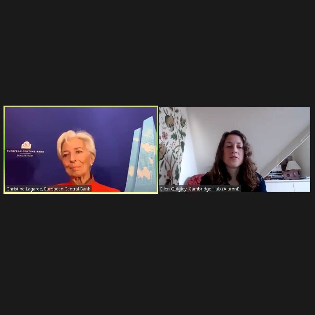 クリスティーヌ・ラガルドのインスタグラム：「I very much enjoyed speaking to talented young leaders and shapers from around the globe in an online session organised by @worldeconomicforum. Thanks to the participants for their insightful questions on leadership, the economic effects of the pandemic and how best to align values and work.」