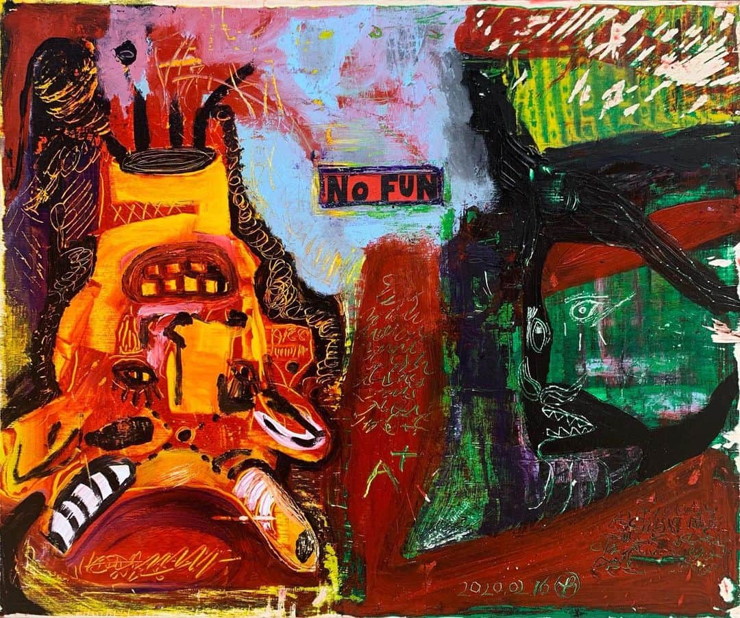 ヒョンミン のインスタグラム：「“NO FUN“  45.5x37.9 Acrylic on wood panel, 2021」