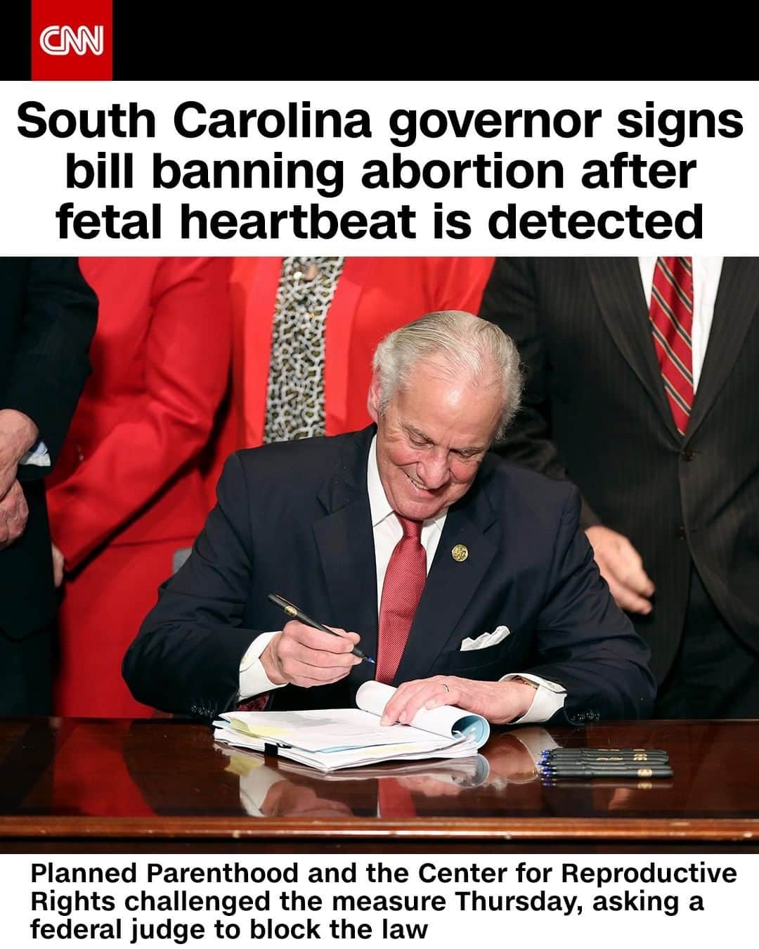 CNNさんのインスタグラム写真 - (CNNInstagram)「South Carolina Gov. Henry McMaster on Thursday signed a bill prohibiting an abortion if a fetal heartbeat is detected during an ultrasound with very few exceptions, becoming the latest Republican to sign a so-called heartbeat bill.The South Carolina Fetal Heartbeat and Protection from Abortion Act states that a doctor must perform an ultrasound on a person seeking an abortion to determine if there is a fetal heartbeat. If a heartbeat is found, a doctor cannot perform an abortion unless the physician believes it is a medical emergency, the pregnancy is the result of a rape or incest or there is a fetal anomaly, the bill says. Abortion providers who provide the procedure outside those parameters could face fines and imprisonment.   (📸: Jeffrey Collins/AP)」2月20日 2時00分 - cnn