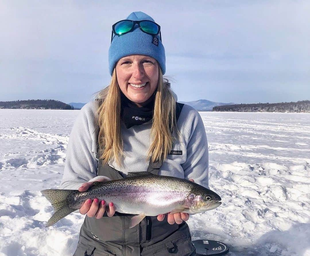 Filthy Anglers™のインスタグラム：「Filthy Female Friday! Our good friend Kristen @kristenmarie91 is typically working fishing expos in the New England area this time of the year, unfortunately that’s not the case this year. With that being said, she’s certainly taken advantage of the free weekends this winter, check out this stunning rainbow trout matched nicely with a Filthy winter hat and shades! Congrats @kristenmarie91 you are Certified Filthy www.Filthyanglers.com #girlswhofish #filthyanglers #bassfishing #teamfilthy #catchandrelease #hunting #icefishing #fish #trout #nature #massachusetts」