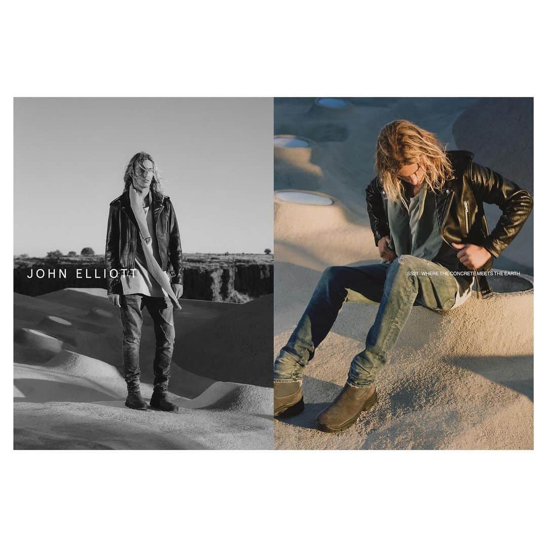 ジョン エリオットのインスタグラム：「1/3. The Spring / Summer 2021 Collection explores the tension point of polished tradition and spontaneous, organic creation. The title evokes a visual concept — ripping cold concrete out to expose the earth’s warmth underneath — “Where the Concrete Meets the Earth.”    Photography: @paleyfairman  Art Direction: @p.lo  Model: @lucasucedo」