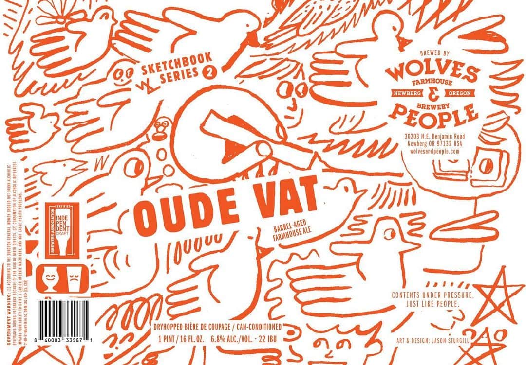 Jason G. Sturgillのインスタグラム：「My latest design for @wolvesandpeople! No. 2 in the new sketchbook series where I’ve mined my stacks of sketchbooks to find some fun pages to use for a can. More to come! This weekend is also the official release out on the farm for this beer. It’s a great place to escape from the house and have a good outside socially distant hang. We’ll be there tomorrow afternoon, see you there? #birdinthehand」