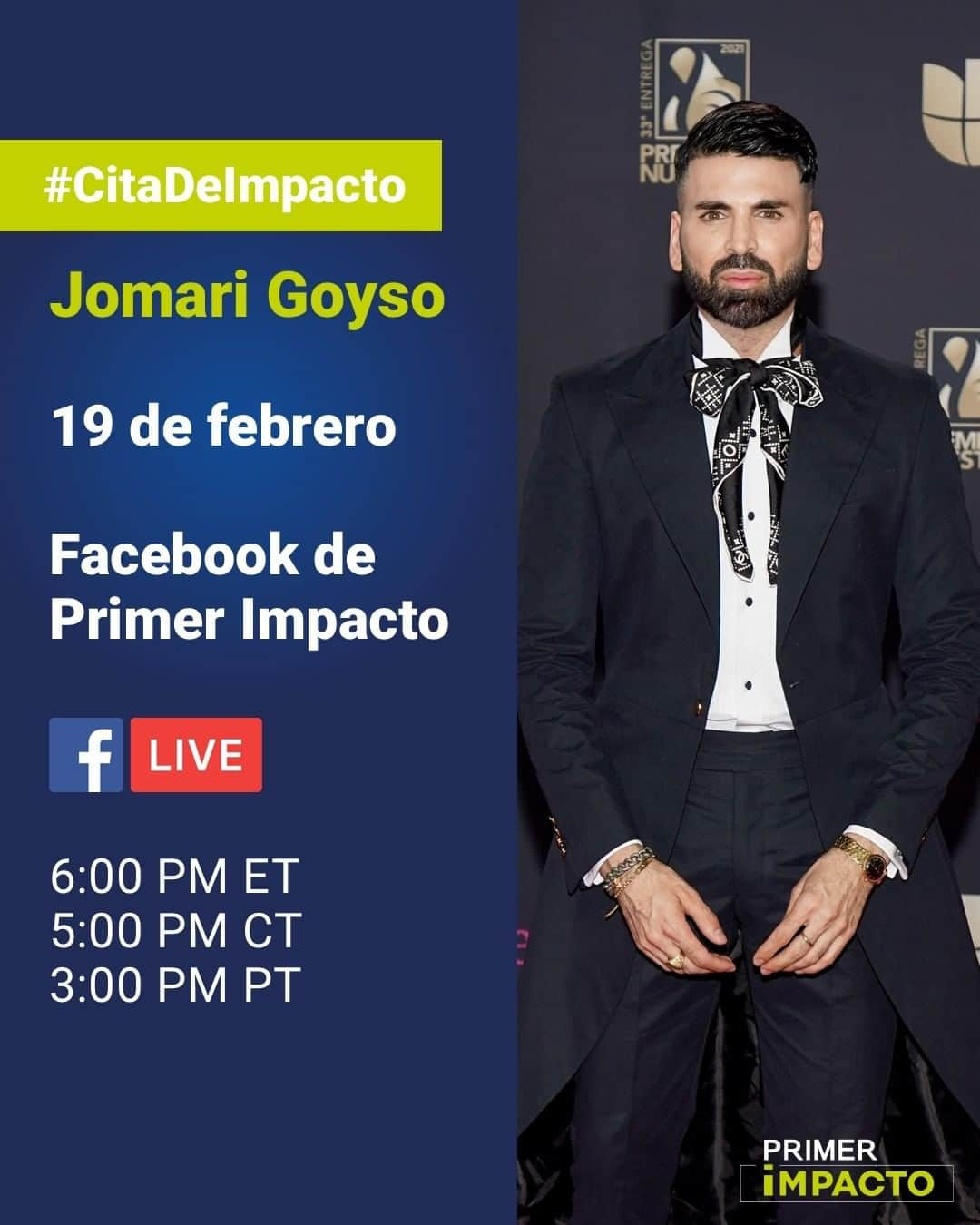 Primer Impactoさんのインスタグラム写真 - (Primer ImpactoInstagram)「No te pierdas este viernes un #FacebookLive desde la cuenta de #PrimerImpacto con @jomarigoyso sobre los mejor vestidos de #PremioLoNuestro.」2月20日 6時07分 - primerimpacto