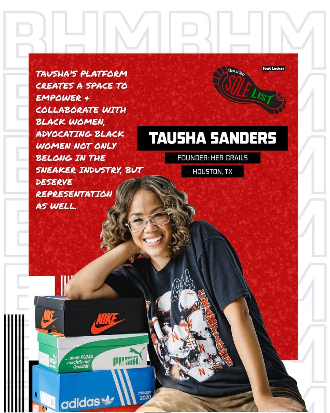 Foot Lockerのインスタグラム：「Today we celebrate Sole List honoree, Tausha Sanders (@taushaquan) is the founder of Her Grails, which brings women together through sneakers, as well as serving as a platform to celebrate women in the sneaker industry. Join us in celebrating her and the rest of our Sole List Honorees.」
