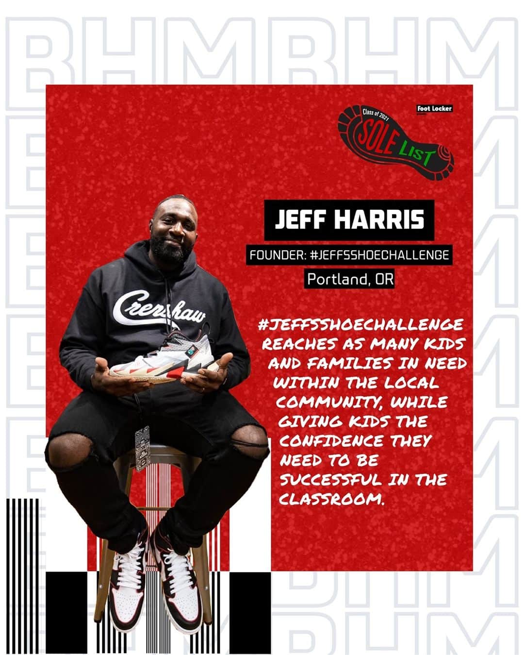 Foot Lockerのインスタグラム：「Today we celebrate Sole List honoree, Jeff Harris (@soleflash) -- the founder of #JeffsShoeChallenge, a non profit, which for the past 6 years has been giving back to the community, specifically kids who can’t afford sneakers. Join us in celebrating him and the rest of our Sole List Honorees.」
