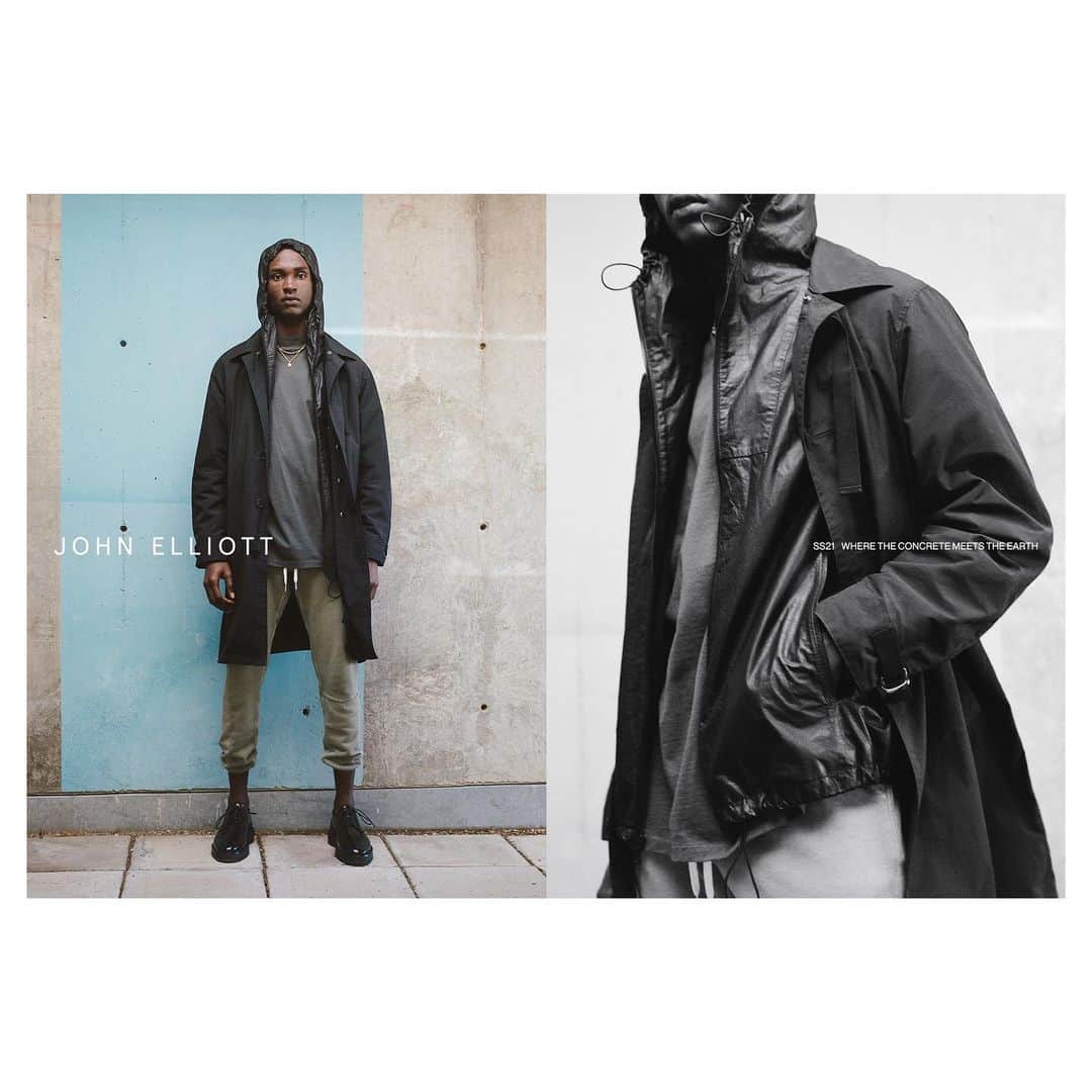 ジョン エリオットのインスタグラム：「3/3. The Spring / Summer 2021 collection explores the tension point of polished tradition and spontaneous, organic creation. The title evokes a visual concept — ripping cold concrete out to expose the earth’s warmth underneath — “Where the Concrete Meets the Earth.”    Photography: @paleyfairman  Art Direction: @p.lo  Model: @victorndigwe」