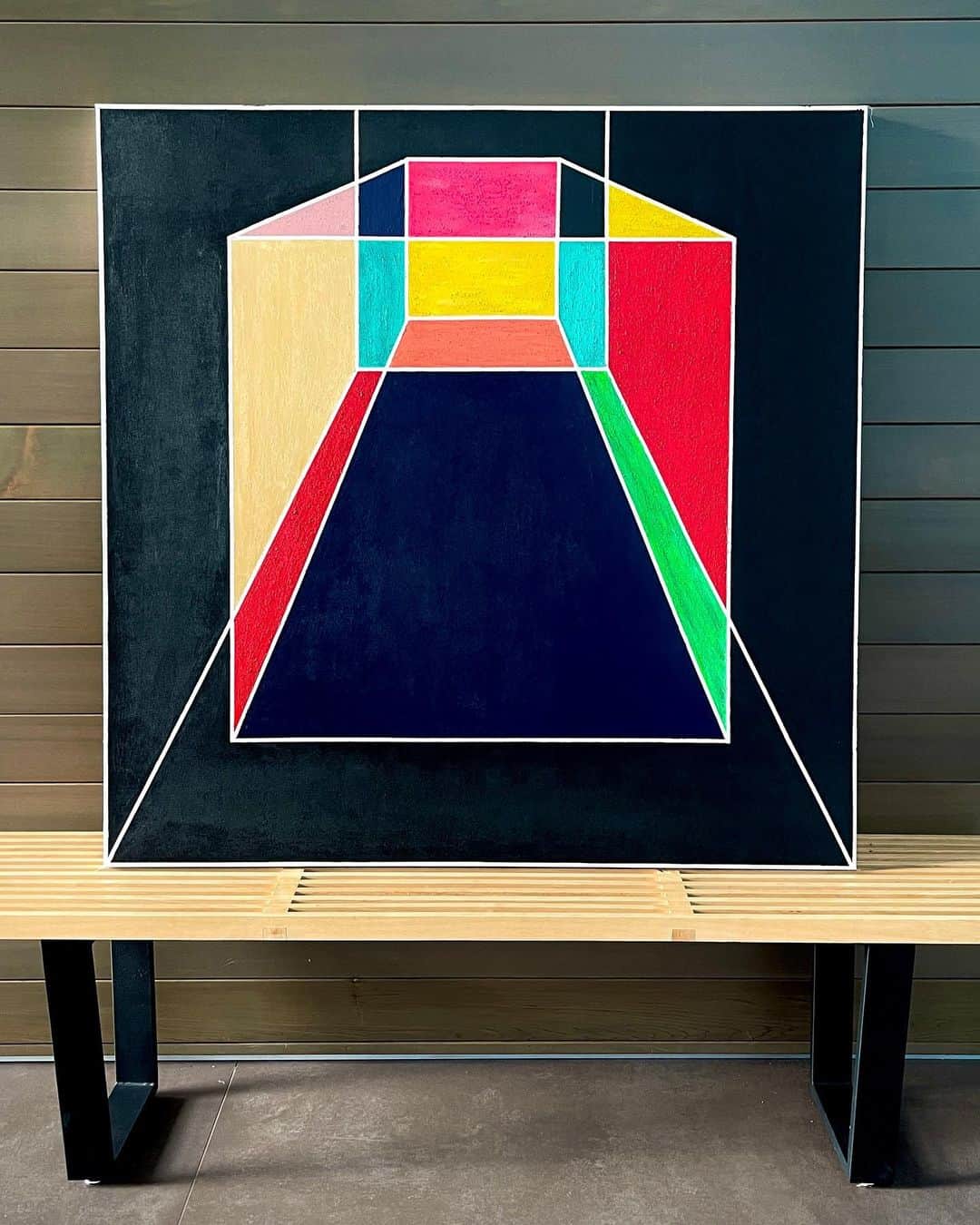ゼッドのインスタグラム：「Been creating some art lately. Really enjoying the process of learning about all the different paints and mediums and techniques.  First one is an original piece I did with @alvinrisk , which is a hypercube (a cube within a cube) from a different perspective. Second one is a recreation of Frank Stella’s pieces. This one was quite tedious in terms of measurements, prep and taping etc but really happy with the result 😊. Excited to create more」