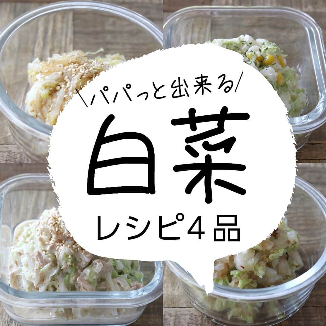 にぎりっ娘。のインスタグラム：「パパッとできる白菜レシピ4選！  レンチンして和えるだけなのでら5分程度でできますよ♩  お弁当の副菜にもおすすめ。 その場合は汁気をティッシュなどに吸わせてから詰めてね。  気になる場合は乾燥ワカメをひとつまみおかずカップにいれてから詰めると、水分を吸収してくれます😉  #白菜　#簡単レシピ #白菜レシピ #レシピ　#副菜 #作り置き　#つくりおきおかず #つくりおき #お弁当 #お弁当おかず」