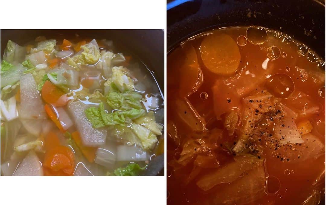 東ちづるさんのインスタグラム写真 - (東ちづるInstagram)「朝のスープにトマトジュースと野菜ジュースにコンソメを足して、オリーブオイルと黒胡椒パラパラ。  スープは大量につくるに限ります。 明朝はカレーパウダーを入れようかな。  #料理 #まみちいの爆笑人生クッキング」2月20日 22時05分 - azuma.chizuru