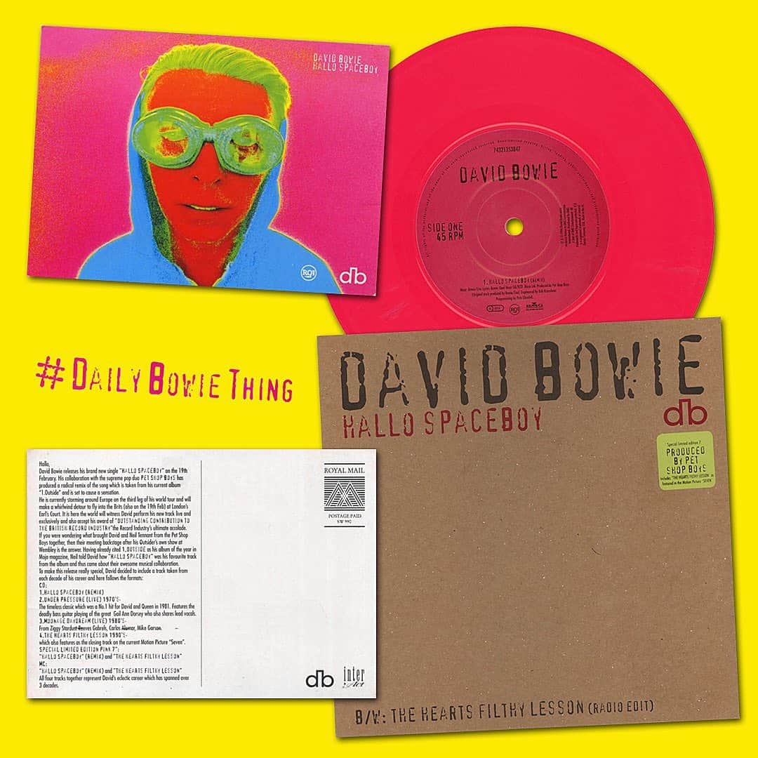 デヴィッド・ボウイさんのインスタグラム写真 - (デヴィッド・ボウイInstagram)「DAILY BOWIE THING – Day 90  “It's confusing these days...”  Back on Day 20 of #DailyBowieThing we told you about 12" x 12" promotional flats. Inspired by our previous post regarding Bowie’s Brits 96 appearance, today’s thing is another of those flats, a double-sided example produced to advertise the 1996 Hallo Spaceboy single. A single-sided version of this flat also exists where the John Scarisbrick portrait of Bowie as Leon Blank wasn’t used.   Hallo Spaceboy was originally released on the 1995 1. Outside album. This version was going to be the follow up to Strangers When We Meet, even going as far as a video being filmed at the Big Twix concert in Birmingham, released as the No Trendy Réchauffé album as part of the BLA box by Parlophone. Hallo Spaceboy was performed twice at the gig, once as part of the main set and again as the last encore. That final version was intended to be the video.  Bowie had this to say of that original album version: “I adore that track. In my mind, it was like Jim Morrison meets industrial. When I heard it back, I thought, ‘Fuck me. It’s like metal Doors,’ It’s an extraordinary sound.”  In the event, the song was reworked and produced by the Pet Shop Boys for the single, giving Bowie a #12 hit in the UK. The chart placing was no doubt helped by a profusion of remixes and various formats (including a pink vinyl 45), not to mention the eventual David Mallet-directed official video, which featured both Bowie and the Pet Shop Boys interspersed with stock footage of all manner of interesting and slightly sinister flavours. Watch it here: https://vimeo.com/349310835 (Temp link in bio)  Two live songs from the Birmingham set, Moonage Daydream and Under Pressure, were used as the single’s extra tracks along with the studio version of The Hearts Filthy Lesson.   #DailyBowieThing  #BowiePromoFlats  #HalloSpaceboy  #BowiePetShopBoys  #AlmostDailyBowieThing」2月20日 13時51分 - davidbowie