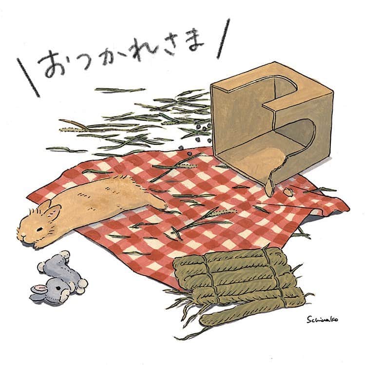 のインスタグラム：「Thanks for your hard work! おつかれさま！ giftee さんでギフトを送るときに選べるイラストになりました。誰かに贈り物する時にぜひ使ってください。 * #illustration#art#drawing#design#acrylicpaint#アクリル絵の具#rabbit#bunny#うさぎ」
