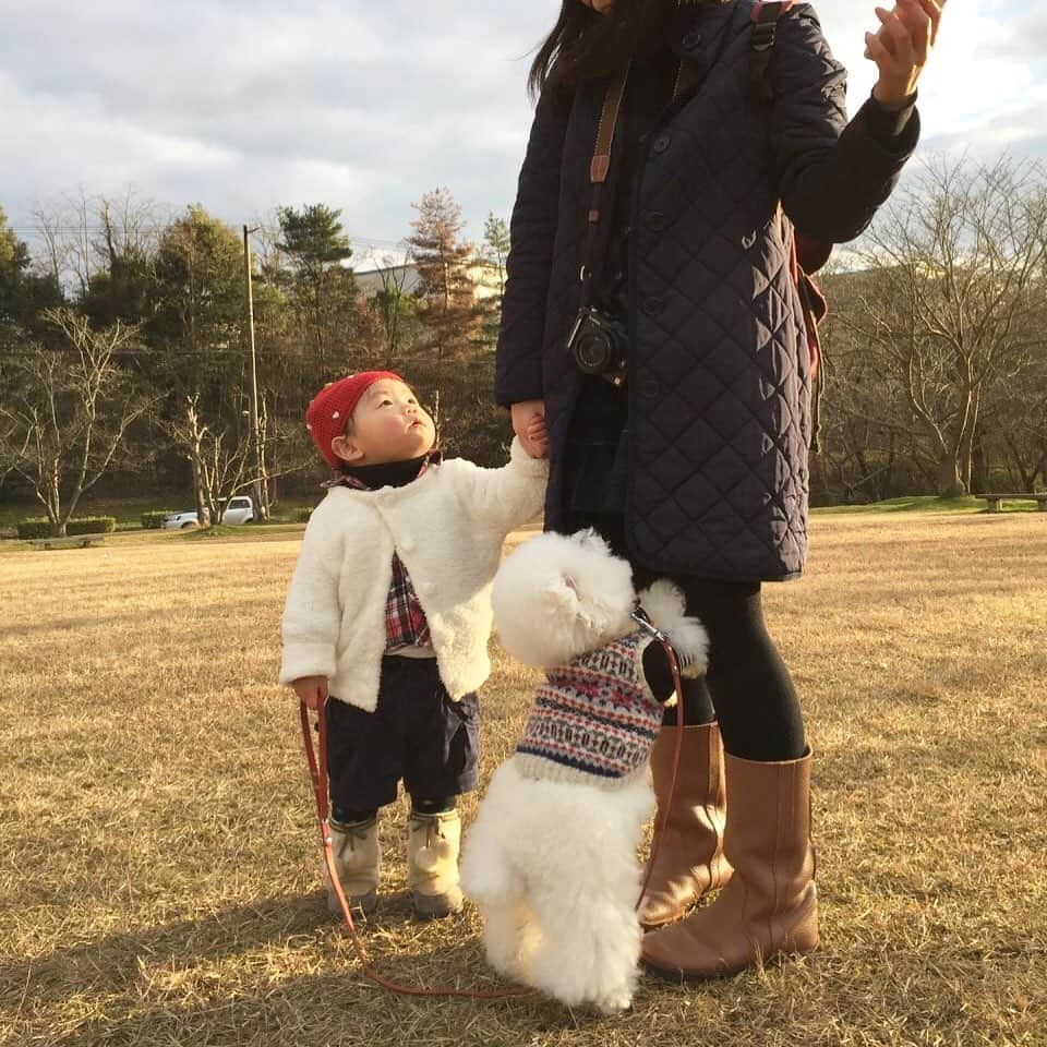 ゆうのインスタグラム：「. . 何年か前の写真だけど なんか可愛すぎて❤️ . サリちゃんがアーニーの リード持ってるのがまた😍 . ちなみにこの手編みのベストも 懐かしいぃ〜。 . . . . #サリちゃんアーニーの事覚えてるかな #抱っこして欲しいアーニーさん #ヤキモチ #愛おしい . . .」