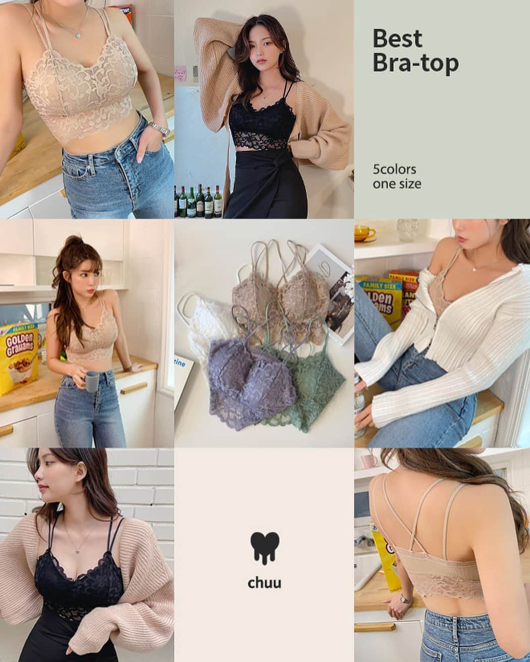 Chuuのインスタグラム：「Best bra top✨ 업로드후 꾸준히 주문많은 레이스 브라렛이에요! 볼륨감 확실히 챙겨주는 내장캡이있어 브라렛이지만 바디라인을 예뻐보이게 해준답니다! 컬러별로 여러장 챙겨주시는 츄멤님들이 많네요👏🏻👏🏻👏🏻  착한 가격대라 기본컬러+포인트컬러 조합으로 구매 추천추천❣️ #chuu#츄 #lovely_daily_look_chuu」