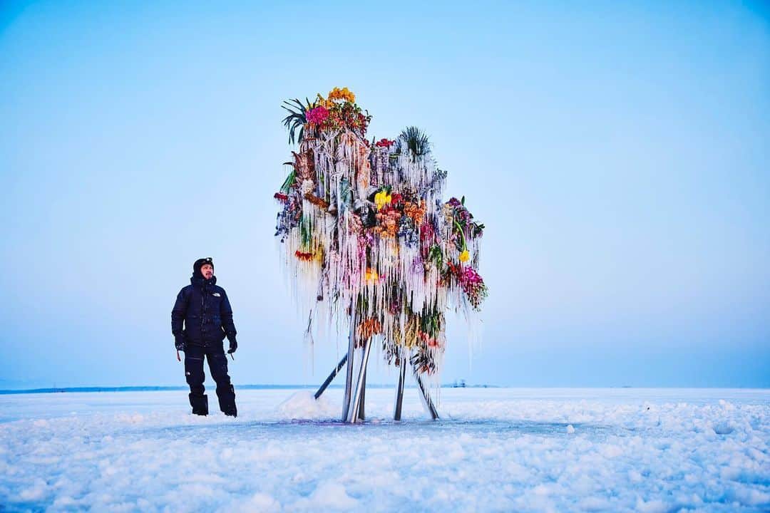 椎木俊介のインスタグラム：「Frozen Flowers (2021)  #azumamakoto #makotoazuma #shiinokishunsuke #amkk #amkkproject #botanicalsculpture #todowara #hokkaido #theendoftheworld #東信 #東信花樹研究所 #トドワラ #野付半島」