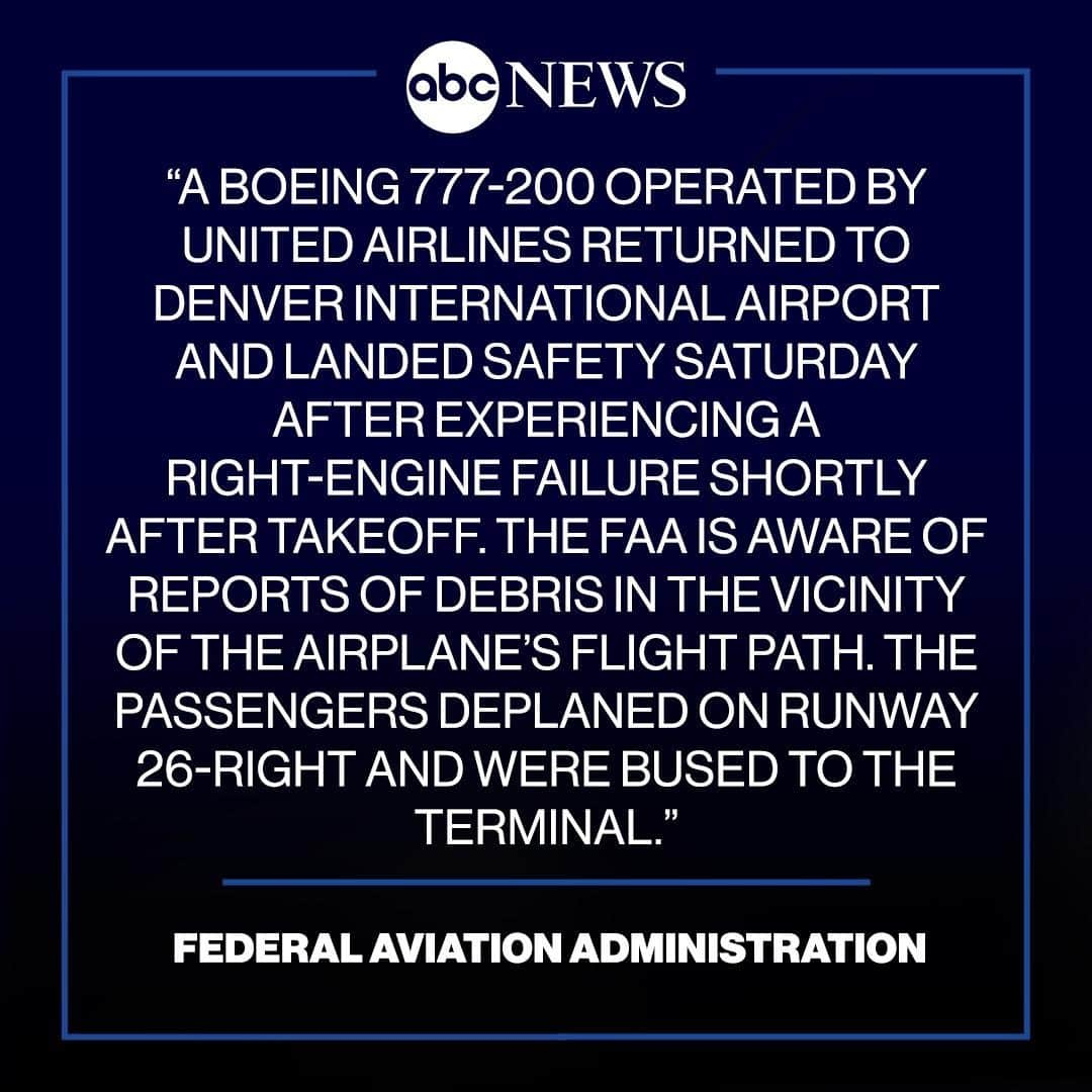 ABC Newsさんのインスタグラム写真 - (ABC NewsInstagram)「NEW: FAA releases statement on debris dropped over Broomfield, CO: "A Boeing 777-200 operated by United Airlines returned to Denver International Airport and landed safety Saturday after experiencing a right-engine failure shortly after takeoff." #faa #planes #colorado #usa」2月21日 6時42分 - abcnews