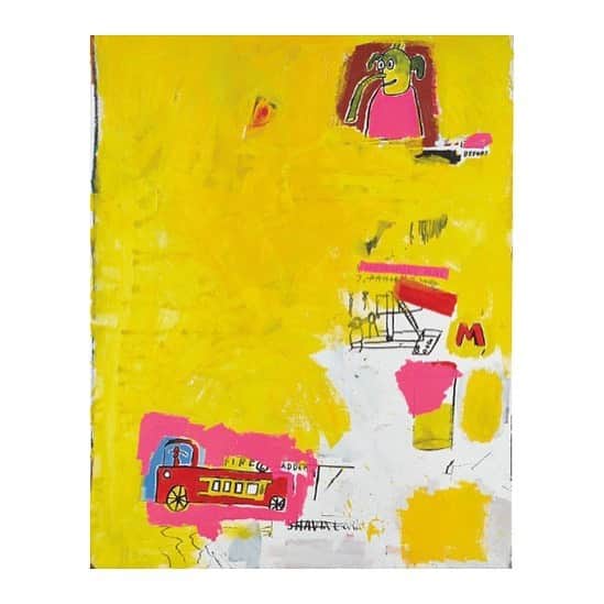 ティーバッグスのインスタグラム：「Pink Elephant with Fire Engine, 1984 ✨ Our spotlight on Black artists continues with Jean-Michel Basquiat whose neo-expressionist works captured the zeitgeist of the 1980’s New York underground scene, while commenting on social issues, power structures and systems of racism.  #JeanMichelBasquiat #ArtWeLove #MISAworld」