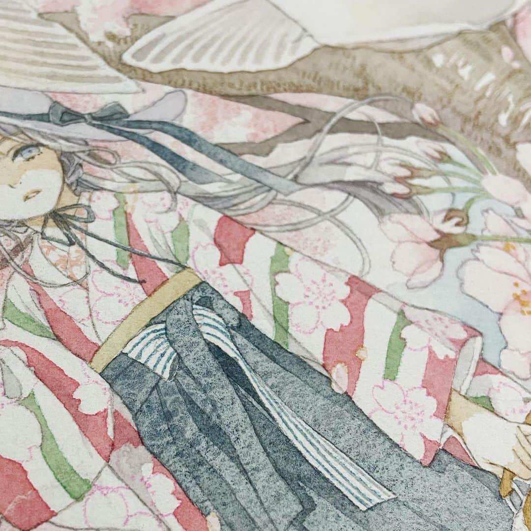 友風子/yufushiさんのインスタグラム写真 - (友風子/yufushiInstagram)「#illustration #イラスト #watercolor #水彩 #アナログ #透明水彩 #着物 #桜」2月20日 23時41分 - uko_yufushi