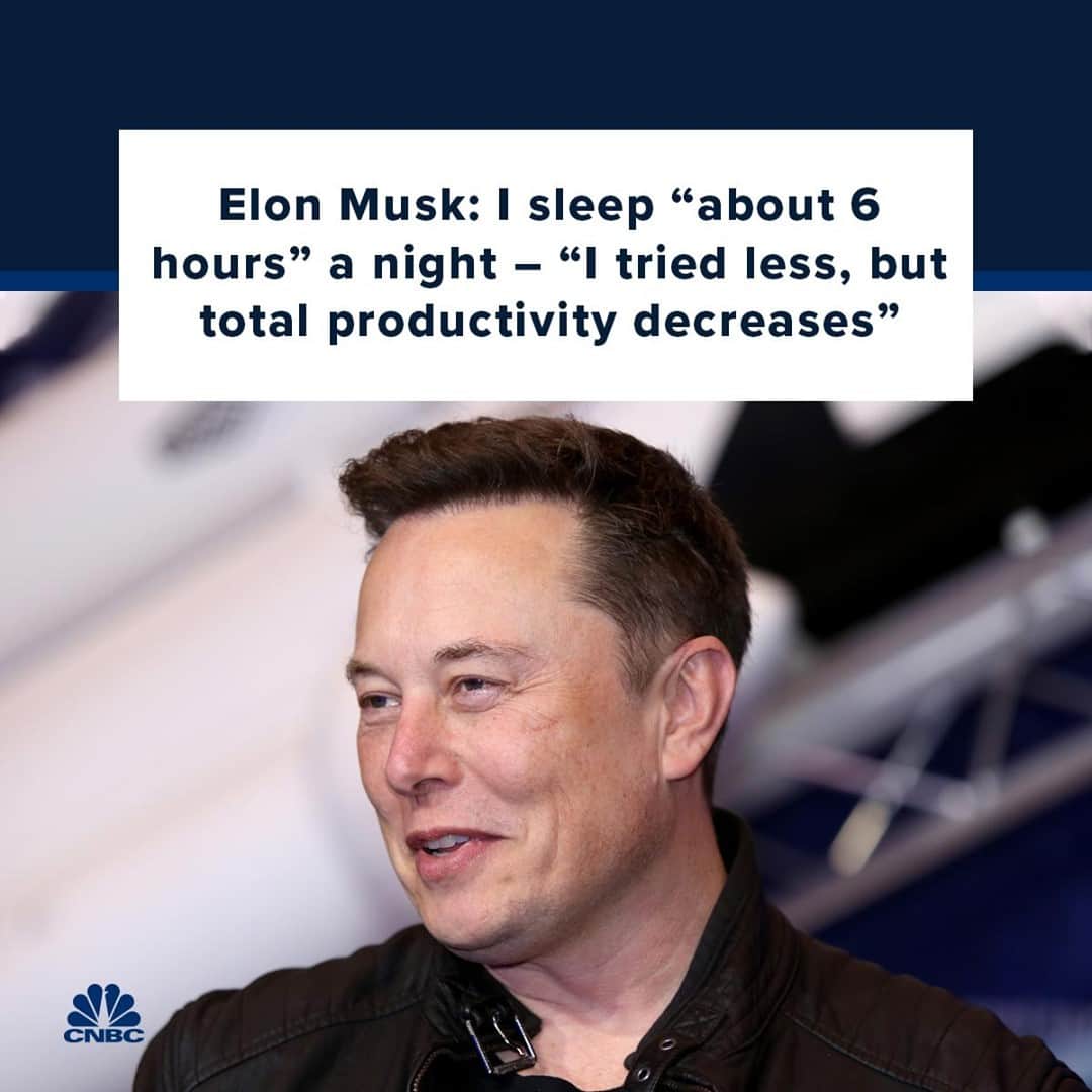 CNBCさんのインスタグラム写真 - (CNBCInstagram)「Billionaire Elon Musk is the richest person in the world. As CEO of SpaceX, Tesla and Neuralink, as well as founder of The Boring Company, Musk has a lot to manage each day.⁠ ⁠ “I work a lot,” Musk said on a recent podcast. “Normally, I’ll be in meetings at work until 1 or 2 in the morning. Saturday [and] Sunday, usually not, but sometimes.”⁠ ⁠ Musk has said that in the past he worked hundreds of hours a week. So, how does he have time to do it all? He keeps his time sleeping to a minimum.⁠ ⁠ Musk gets “about six hours” of sleep, he said. “I tried sleeping less, but then total productivity decreases,” he said. “I don’t find myself wanting more sleep than six [hours].”⁠ ⁠ Full story at the link in bio. (With @CNBCMakeIt)」2月21日 0時30分 - cnbc