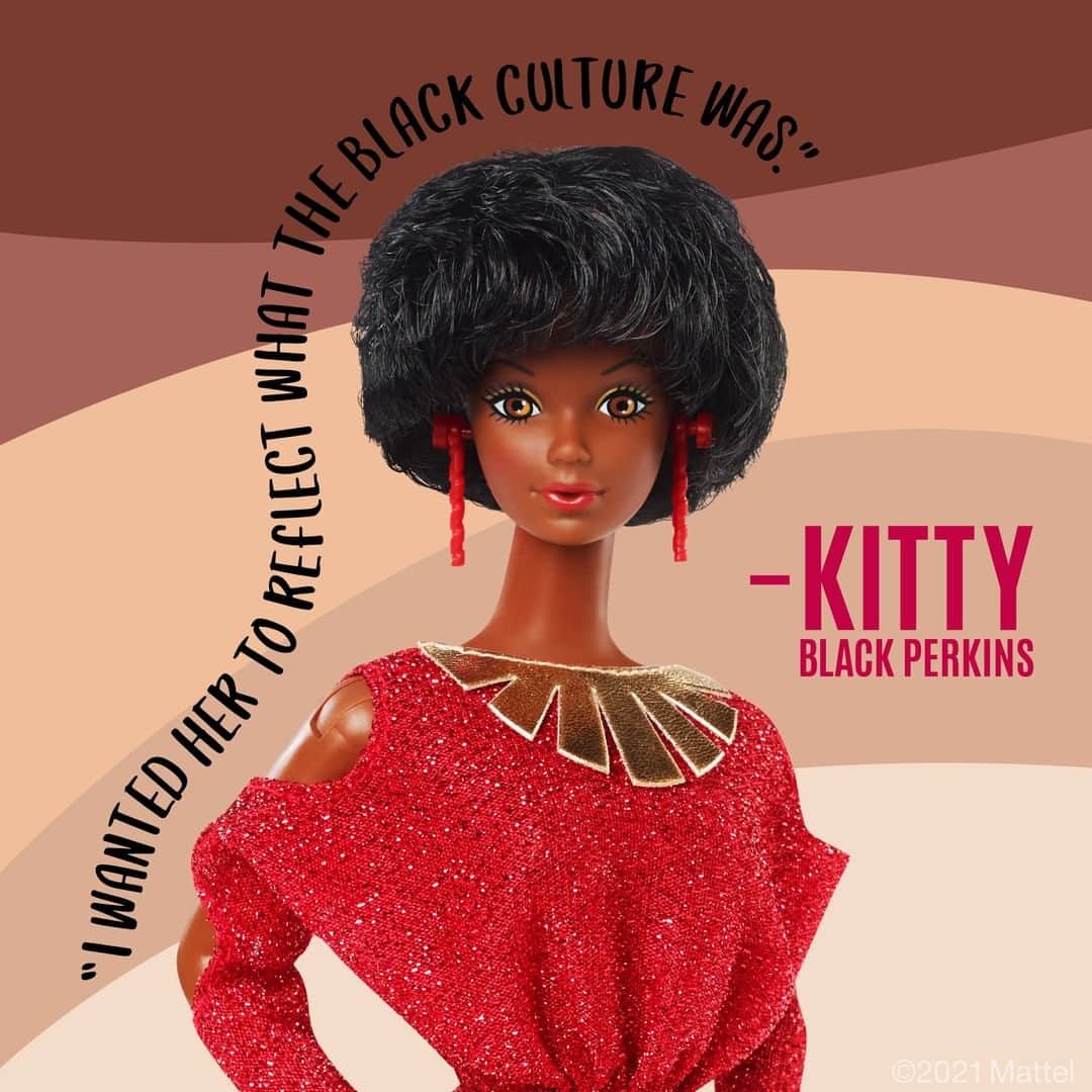 のインスタグラム：「In 1980, Black #Barbie was created by Kitty Black Perkins, becoming the first fashion doll of her kind. Swipe to see the legendary designer share the incredible culture and influences that fueled her most memorable creations. #BlackHistoryMonth」