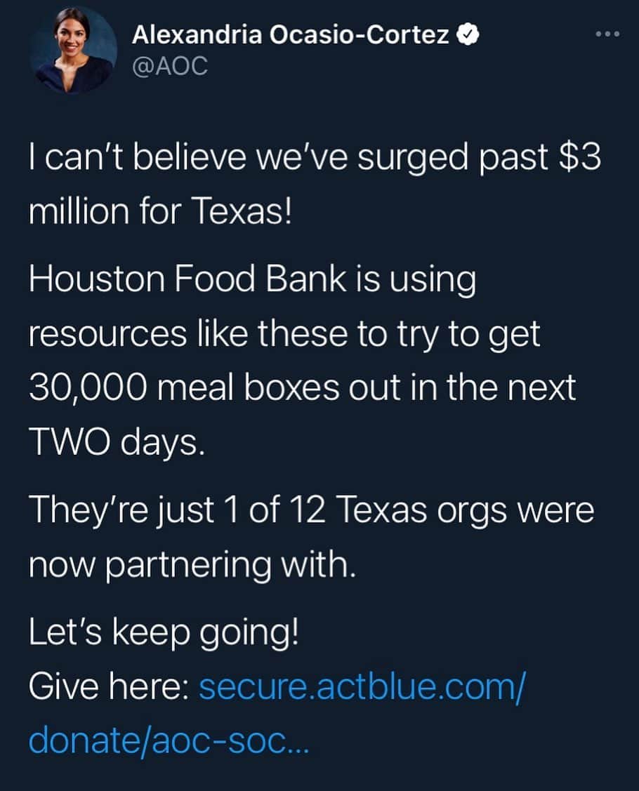 アリミ・バラードのインスタグラム：「As always, what can we do to HELP. How can we BE there for Each Other? ✨🙏💖🇺🇸 #Humanity #Compassion #TogetherWeCan  https://secure.actblue.com/donate/aoc-social-20210219 (link in bio) @aoc @betoorourke」
