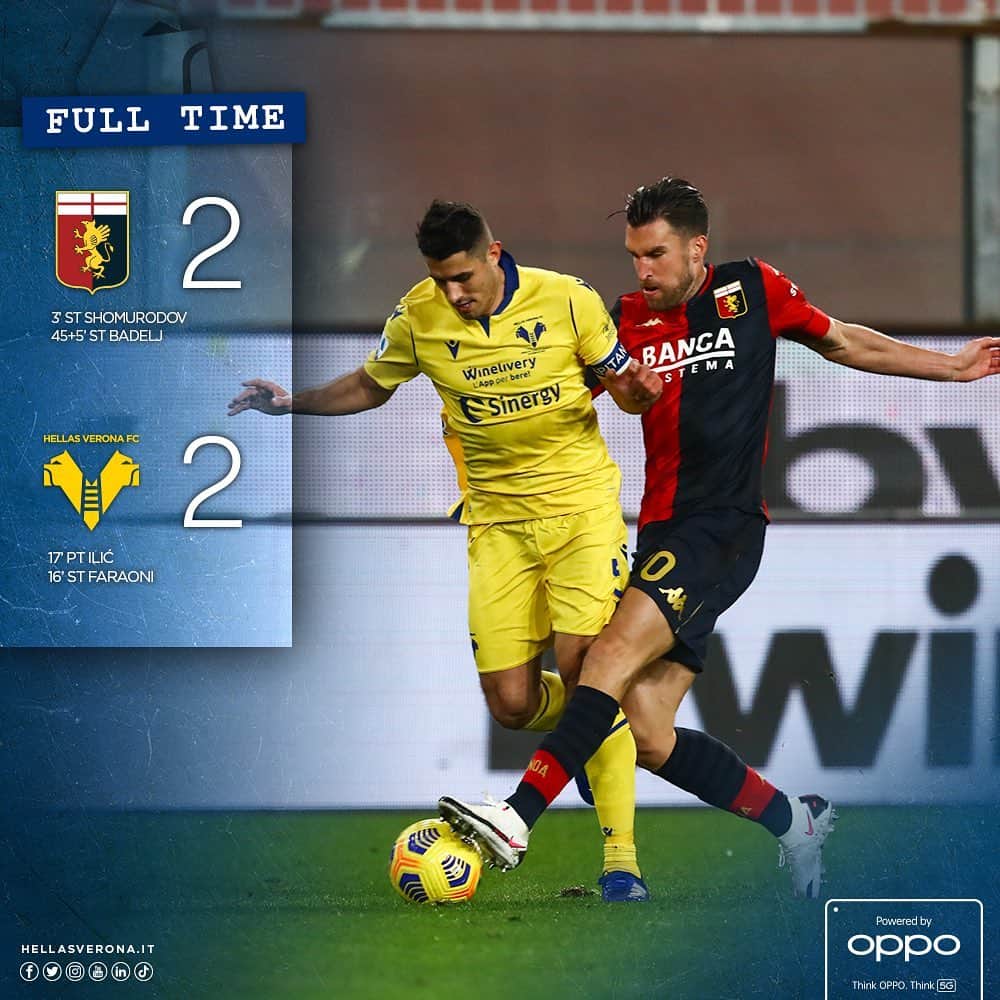 エラス・ヴェローナFCのインスタグラム：「Gialloblù raggiunti solo nel finale, a un passo dall’impresa!💛💙  #DaiVerona #SerieATIM #GenoaVerona #OltreILimitiConOppo」