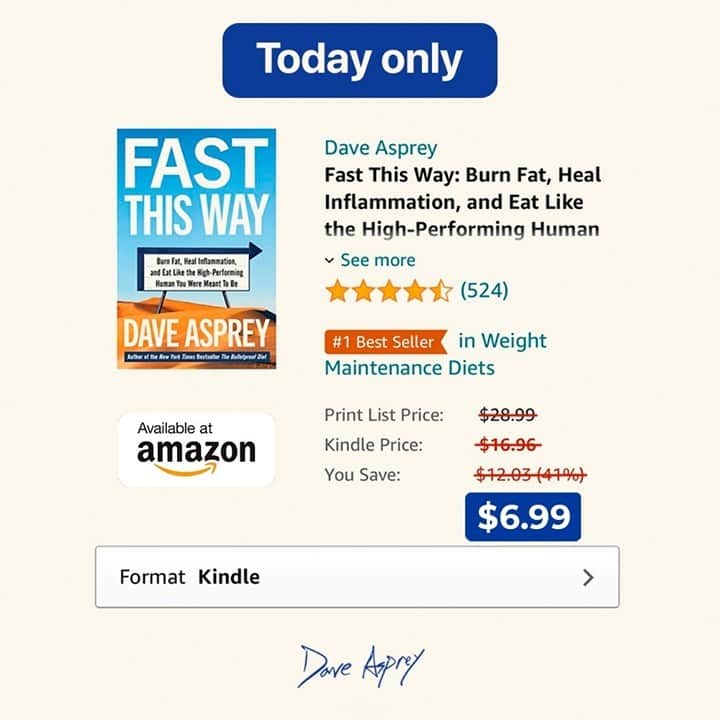 デイヴ・アスプリーさんのインスタグラム写真 - (デイヴ・アスプリーInstagram)「Hey guys, Amazon just put my new book Fast This Way on sale. To celebrate how well it's doing, It’s only $6.99 for the day. Best price you’re going to find!⁠ ⁠ I promise it is worth your time to read it! It comes with free access to the two-week fasting challenge, which is changing tens of thousands of people’s lives already!⁠ ⁠ Tag a friend who needs to read it and wants to save some $!」2月21日 16時00分 - dave.asprey