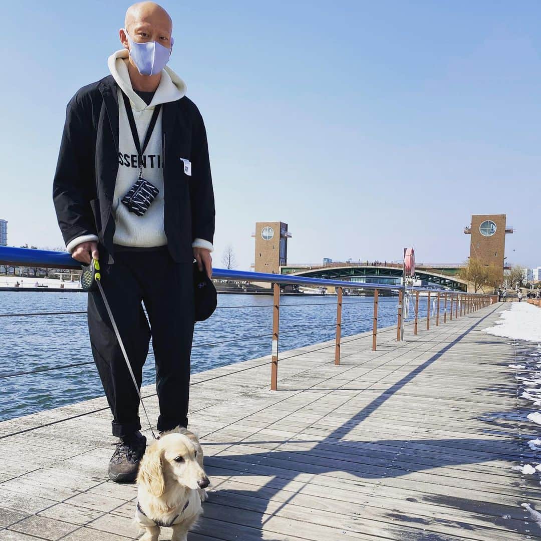 阿部友和のインスタグラム：「雪解けも進み快晴で暖かいので散歩ついでに環水公園で犬会してきました。 @aktr_official のセットアップが調子良すぎる！ #aktr #富山 #環水公園 #犬会」