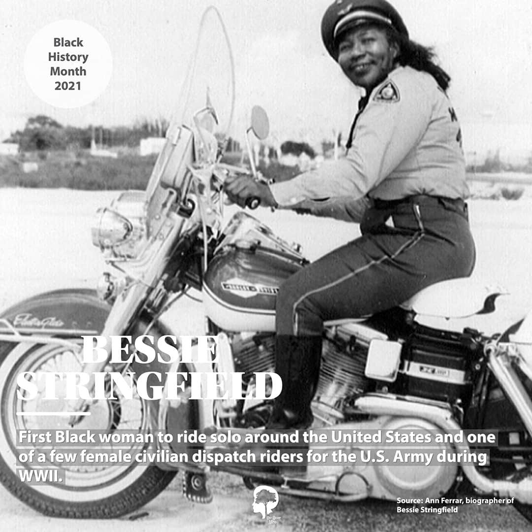 のインスタグラム：「We're excited to be sharing some of the outdoors' greatest Black trailblazers 💛 Stay tuned all weekend and don't forget to follow our friends @outdoorafro for more of their #BlackHistoryOutdoors series!  From Outdoor Afro: Bessie Stringfield took eight long-distance, solo rides around the United States in the 1930s and 1940s. During World War II, she worked for the army as a civilian motorcycle dispatch rider. The only woman in her unit and riding her own blue Harley Davidson, she carried mail and documents between domestic bases. In the 1950s Stringfield moved to Miami, Florida where locals nicknamed her "motorcycle queen of Miami." Stringfield, who owned 27 motorcycles over her lifetime, passed away in 1993.  Stringfield was inducted into the American Motorcycle Hall of Fame in 2002. Today, pioneering female riders are recognized by the American Motorcyclist Association with the Bessie Stringfield Award.」