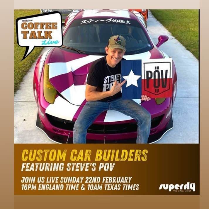 スティーブのインスタグラム：「Coffee and car talk tomorrow morning 10am 🇺🇸 central time with @superfly_autos  on their Instagram  Join us for some fun car and Japan talk!」