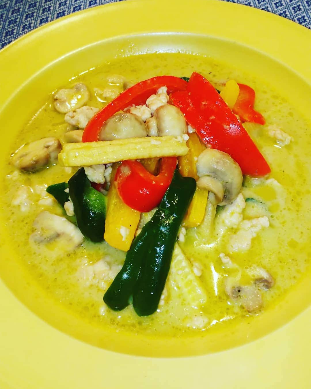 三瓶のインスタグラム：「グリーンカレー、作りました。 好きな具材を炒めて、グリーンカレーのパックを投入して、煮込むだけでした。  それだけで、ほぼ本場の味でした。  #KALDI」