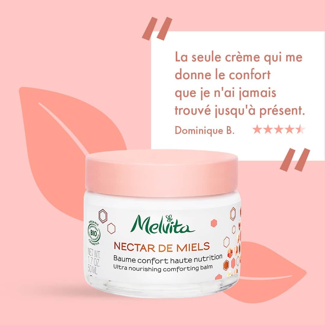 Melvita Officialのインスタグラム：「C'est vous qui le dites : notre Baume Confort Haute Nutrition porte bien son nom ! 🍯  Qui parmi vous a également adopté notre produit chouchou dans sa routine visage ? 💕  Merci à toutes et à tous pour vos témoignages sur notre gamme Nectar de Miels ! 💜  #MelvitaLovers #Melvita #cleanbeauty #NectardeMiels #miel #bio #nutrition」