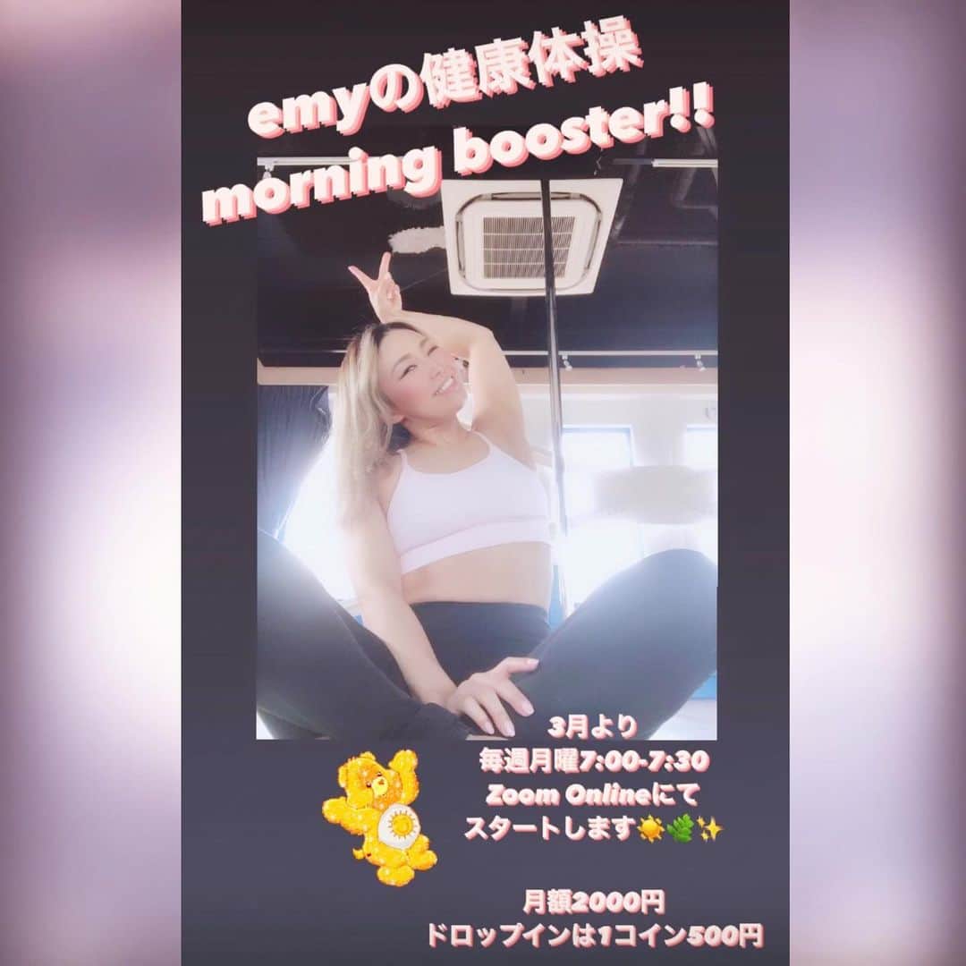 EMYのインスタグラム：「🌿eMyの健康体操 Morning Booster!!🌿 毎週月曜朝7:00-7:30にて復活します😊🙏💓  なかなかお友達やお仲間とお顔を合わせる機会が難しい今、一週間の始まりを、エクササイズを通して集い、明るく元気に笑顔で始められたらうれしいなと考えております😊  毎週月曜の30分と少し 深呼吸で整えて 土台しっかりの下半身を準備し ウエストキュっと整腸効果 のびのびストレッチで巡りよく 気持ちいーいお身体でワクワクの一週間を始めてもらえたらうれしいです🎀  みなさんの綺麗がますます輝きますように✨  パジャマのまま、洗顔してさっぱりしたら、お水とタオルだけ用意してスイッチオン😊  ポールダンス指導歴9年、ピラティスインストラクター、フィットネス指導経験と、新体操・ポールスポーツアスリート日本代表アスリート・ショーダンサー経験で得た知識をフルアウト☀️  🌿エミィオリジナルプログラム🌿をみなさまに安心安全で健やかに・楽しく・美しくでご提供させて頂きます😊  合言葉「月曜日は◎」☀️  月額2000円 ドロップインは500円  お支払いはペイペイもしくは、銀行振込になります😊🙏  お支払い確認後、ご参加頂けるzoomURLをお送りさせて頂きます。(iPhoneやiPadからもご参加🆗)  お悩み・ご質問・リクエスト・お申し込みお待ちしております😊🙏✨  みなさんの健康・美習慣の一助になれるように頑張ります😊  ただいまエクササイズ準備中💓🌿✨ 元気に春を迎えましょう☀️  #emyの健康体操 #morningbooster」