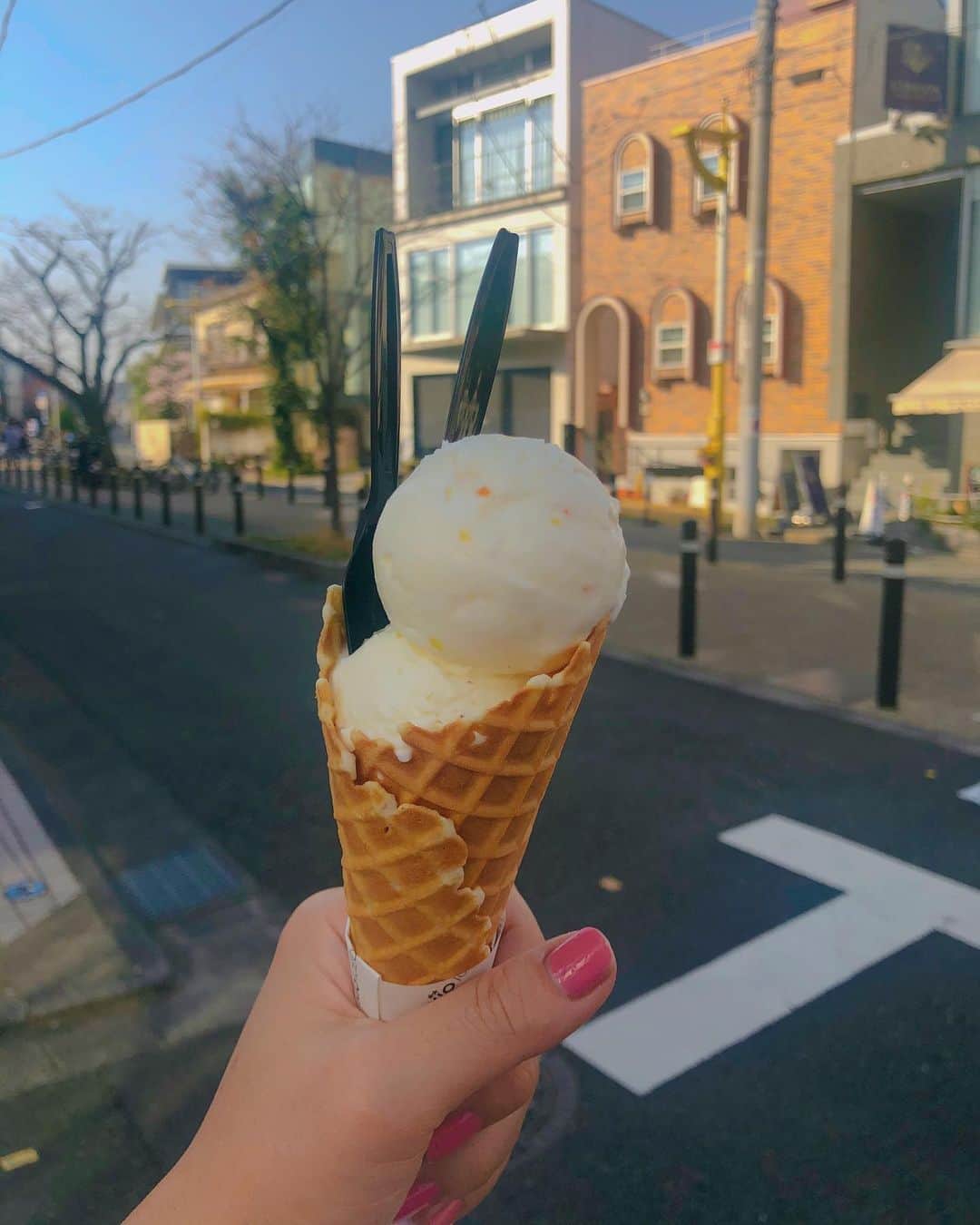 のインスタグラム：「. 何だろうね、アイスってこうやって持って、こうやって撮っちゃうの🤣  ここのアイスとっても美味しかった！ 2人でひとつ食べたけど、ひとりで全部食べたかった笑  自由が丘のお店だよ🍦  #hioicecream  #アイスクリーム#自由が丘#映えスイーツ#だよねぇ#でも味が何より美味しい#コーンも美味しい#上が金柑ミルクで#下がチョコミントだよ#2枚目は九品仏にいたネコ様」
