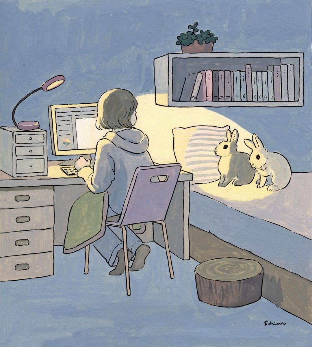のインスタグラム：「I worked hard and well this week too. 人間もみんなおつかれさま。 * #illustration#art#drawing#design#acrylicpaint#アクリル絵の具#rabbit#bunny#うさぎ」