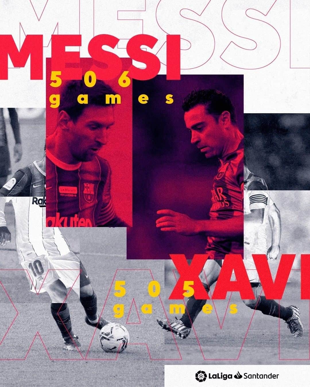 LFPさんのインスタグラム写真 - (LFPInstagram)「🚨 NEW RECORD 🚨  MESSI: 5⃣0⃣6⃣  Xavi: 5⃣0⃣5⃣  💙🔝❤ @leomessi becomes the player with the most games for @fcbarcelona in #LaLigaSantander!   🚨 NUEVO RÉCORD 🚨  💙🔝❤ ¡Messi supera a @xavi y se convierte en el jugador con más partidos disputados con el FC Barcelona en LaLiga Santander!   #Messi #Xavi #Barça #BarçaCádiz #LaLiga #LaLigaHistory」2月21日 22時02分 - laliga