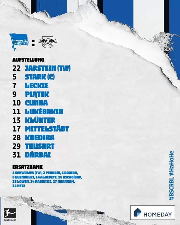 ヘルタ・ベルリンのインスタグラム：「Unsere 1️⃣1️⃣ für #BSCRBL! 💥 Mit gleich zwei Startelf-Debütanten. 👀🥳 . . #GemeinsamHertha #attacke #hungrigbleiben #HaHoHe #herthabsc」