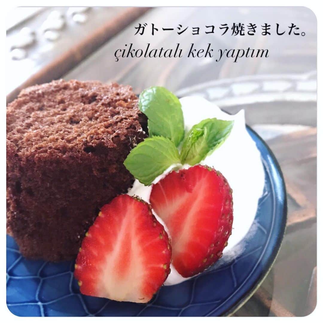 高野あゆ美のインスタグラム：「Çikolatalı kek yaptım 😊 Sonra tarifini yazarım belki ama önce tadına bakacağım  お休みだったからケーキ焼きました😃何故かガトーショコラにはほうじ茶を合わせるのが好きです。」